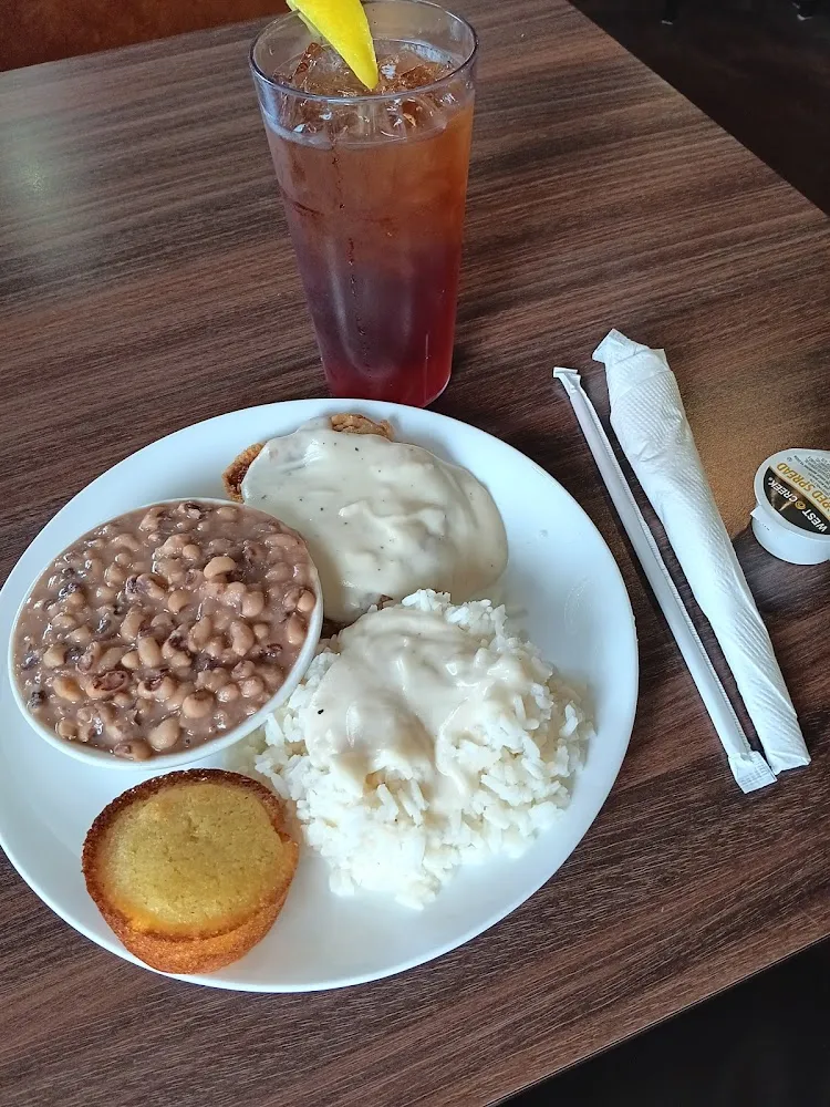 Country Fried Steak Rice and Gravy and Black Eyed Peas