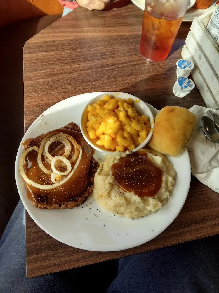 Hamburger Steak and Gravy Macaroni and Cheese Mashed Potatoes Coffee